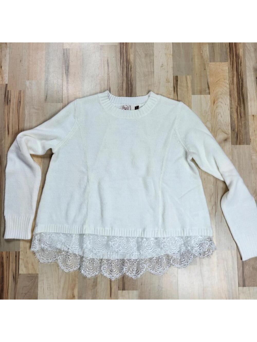 SO Women's Cozy White Sweater with Lace Trim XL